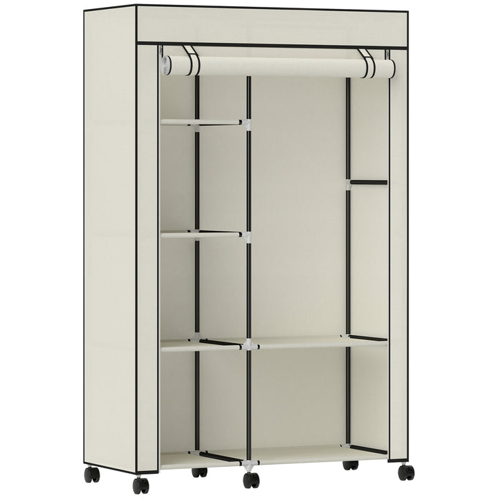 Stofgarderobe, opbevaringsløsning, 6 hylder, 1 garderobestang, cremefarvet