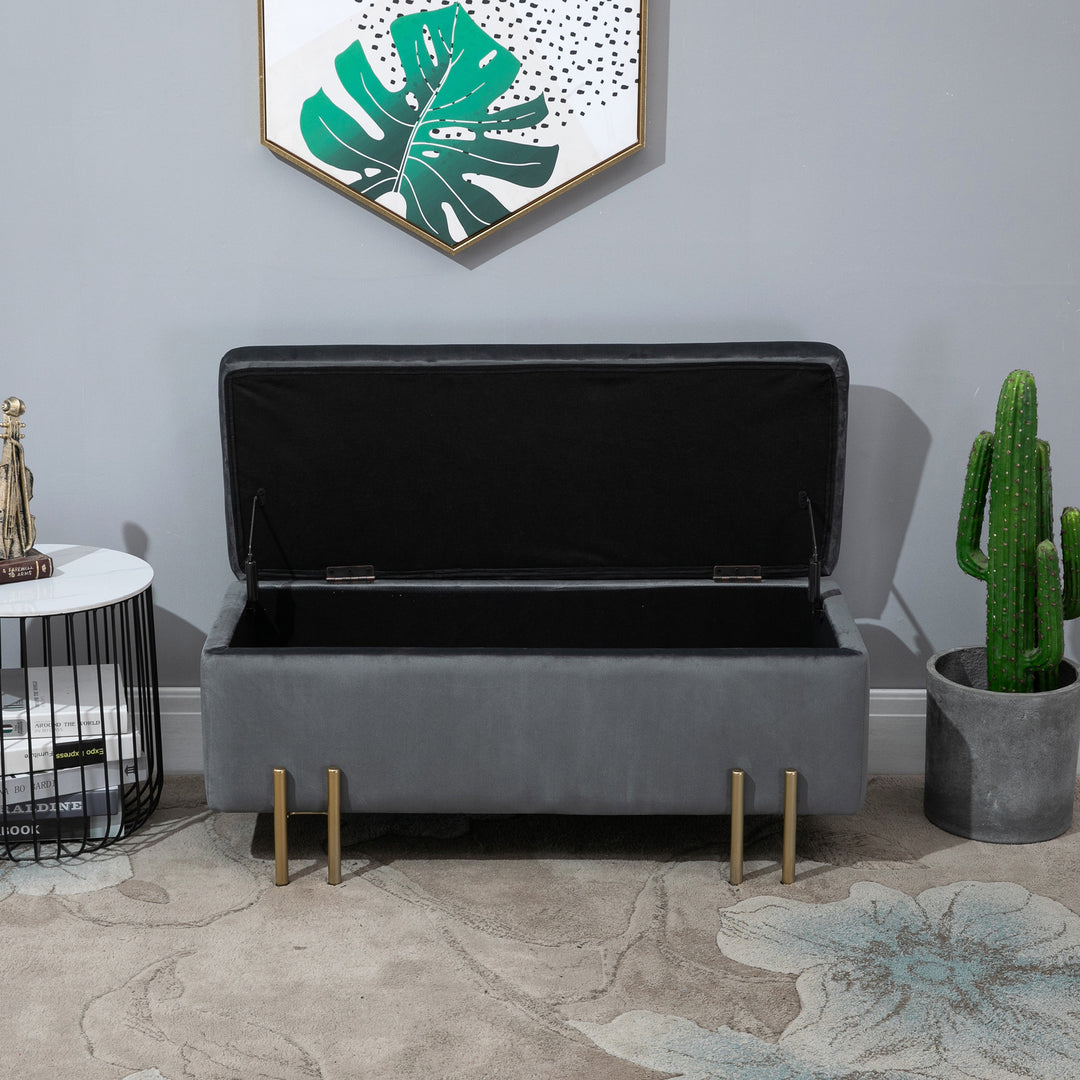 Opbevaringsbænk, polstret bænk med fløjlslook, opbevaringskommode med metalben, kommode til stue, soveværelse, entre, 100 x 40 x 42 cm, mørkegrå