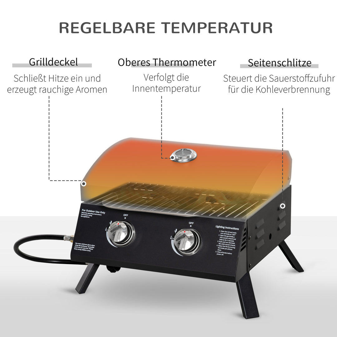 Bordgasgrill med 2 brændere, mobil grillvogn, grillnet, lille udendørs bordgasgrill til picnic, med trykregulator, slange, rustfrit stål, sort, 55 x 46,5 x 41 cm