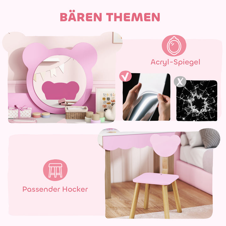 Sminkebordssæt med skammel til børn, makeupspejl, bjørneformet, skuffe, mdf, lyserød