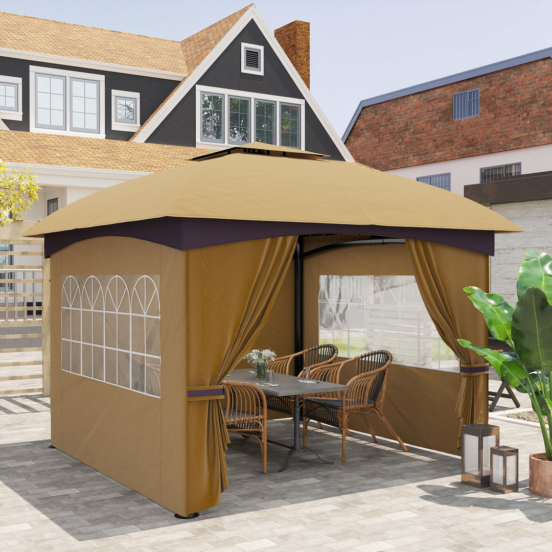 3,4 X 3,4 m havepavillon, øltelt med ventileret tag, buede vinduer, stålramme, beige