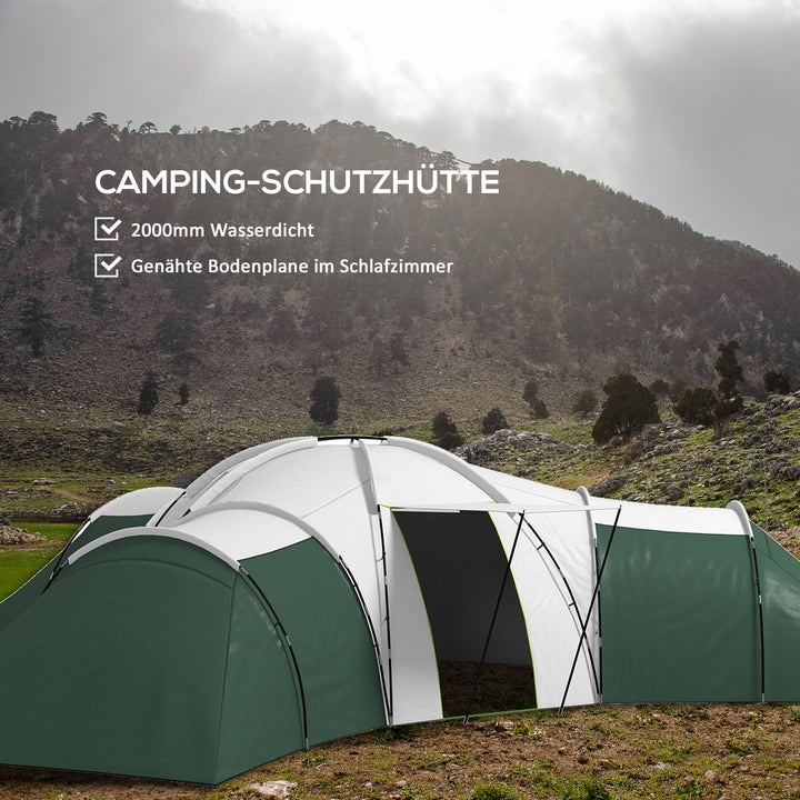 Campingtelt til 6-9 personer, 4 værelser, markise, vandtæt, 615 x 615 x 225 cm, grøn