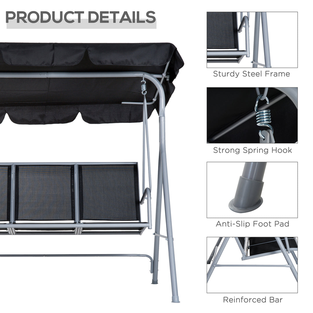 Hollywood-gynge med justerbar solskærm, 3-personers havegynge med skridsikre fødder, gyngebænks bæreevne op til 240 kg, haveliggestol til haven, terrasse, 171x108x154cm, sort