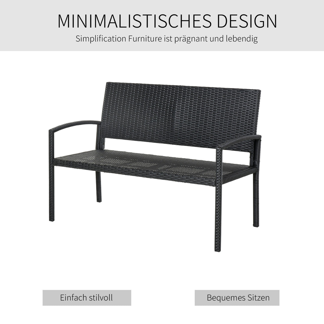 Havebænk, rattan-look, med stålstel, til 2 personer, sort, 122 x 60 x 85 cm