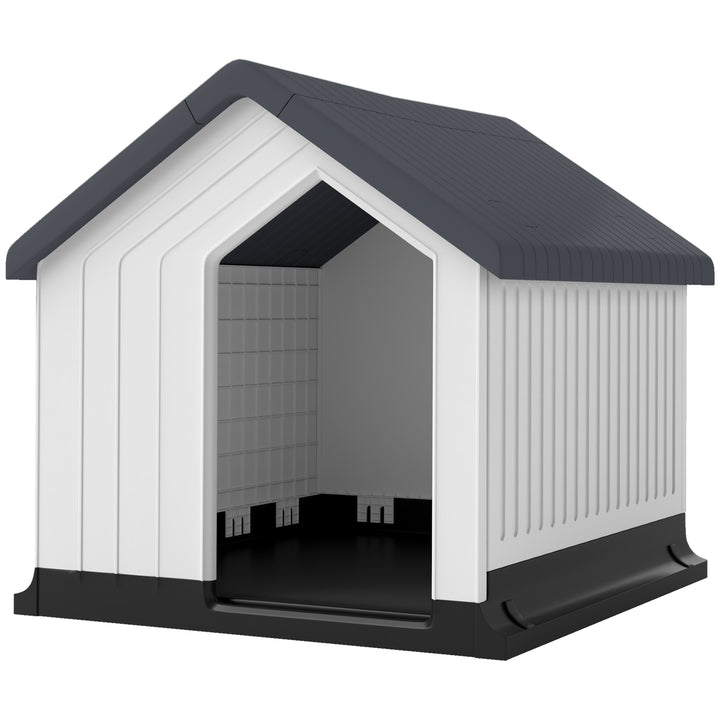 Hundehus, vejrbestandigt, vindue og dør, til små hunde op til 10 kg/40 cm længde, 62x61x60 cm, grå/hvid