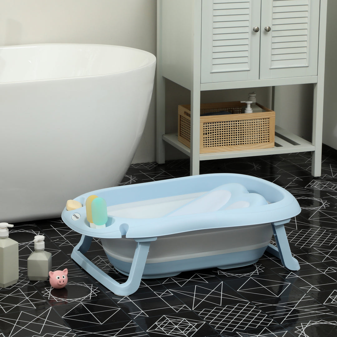 Babybadekar, foldbart, skridsikker bund, sikre materialer, 83l x 48b x 23,5h cm, lyseblå