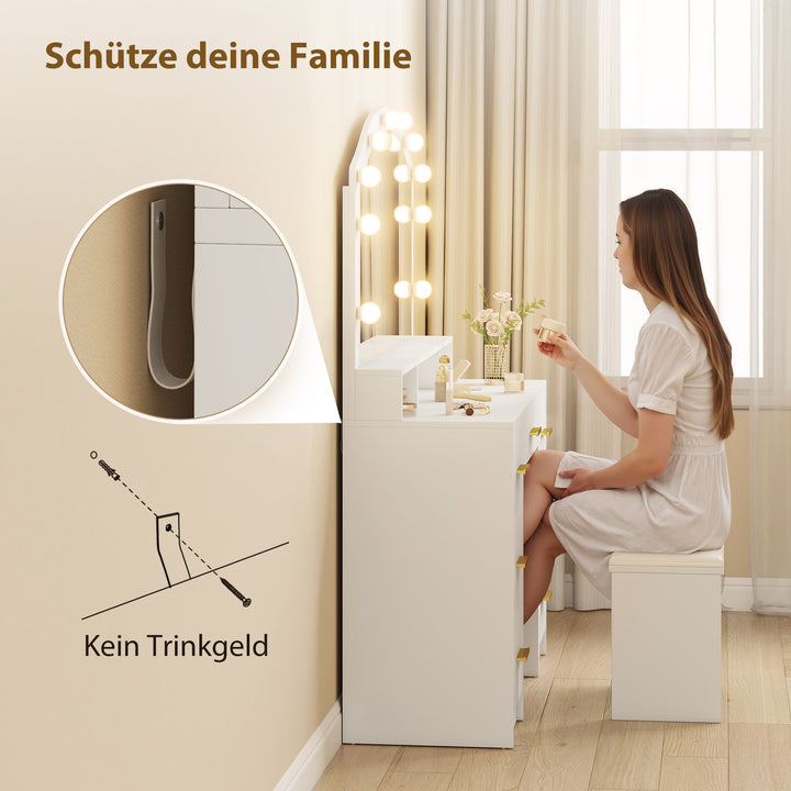 Toiletbord med 10 LED Hollywood-lamper, spejl, 7 skuffer, 3 rum, MDF, hvid
