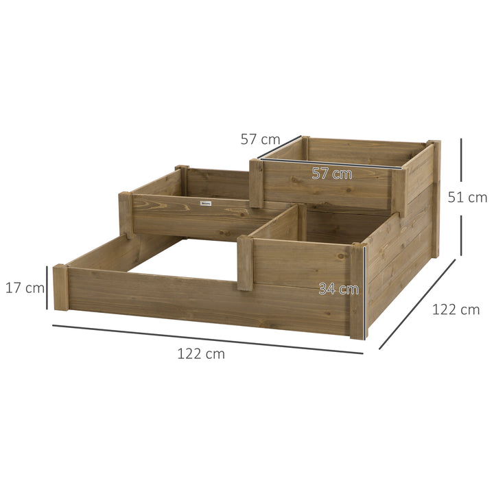 Højbed, 4 plantekasser i 3 niveauer, vejrbestandig, massivt træ, 122 cm x 122 cm x 51 cm, natur