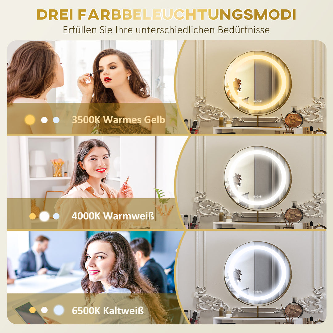 Sminkebord med 360° spejl, led-belysning, 2 skuffer, hvid/guld