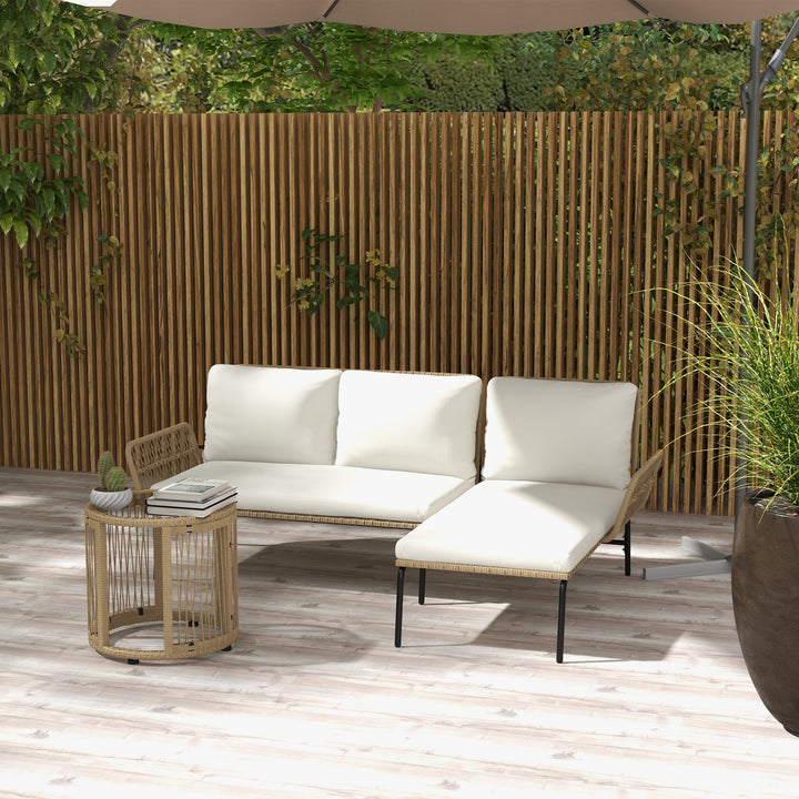 Polyrattan havemøbelsæt, 3 dele, med liggestol, to-personers sofa, aftageligt sofabord, hynder i naturhvid og cremehvid.