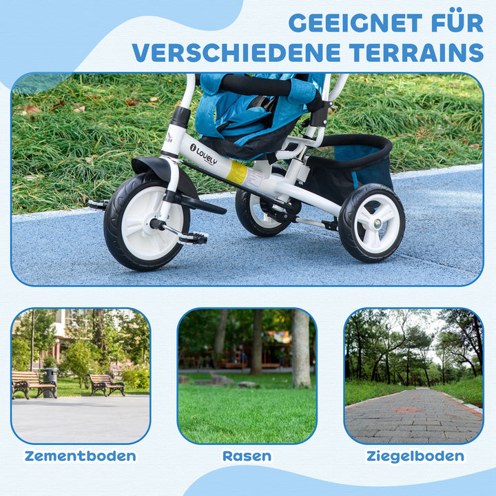 Børnetrecykel, børnecykel, bagkurv, kopholder, solskærm, metal, blå
