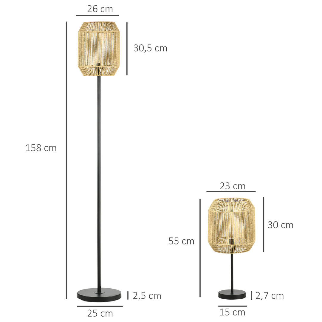 2-Delt belysningssæt. 1 gulvlampe, 1 bordlampe, 38 cm x 38 cm x 158 cm, naturlig + sort