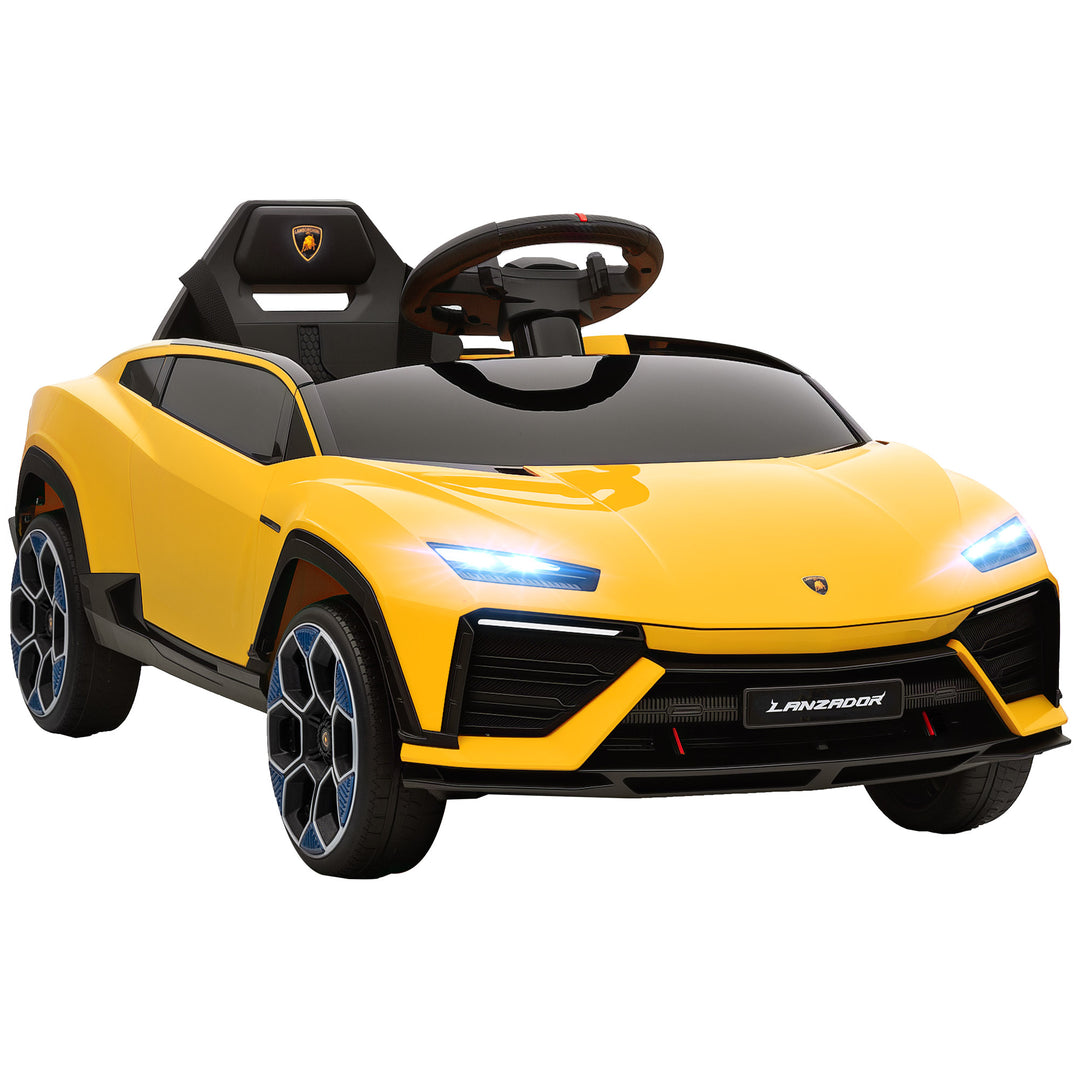 Børne elbil, 12V, med 2,4 GHz fjernbetjening, 2 motorer, horn, LED-lys, musik, 101,5 x 49 x 43 cm, gul