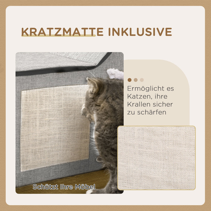 Kattehus med kradsetræ, inklusive legebold, kattehule, 65 cm x 41 cm x 45,5 h cm, brun + hvid + beige