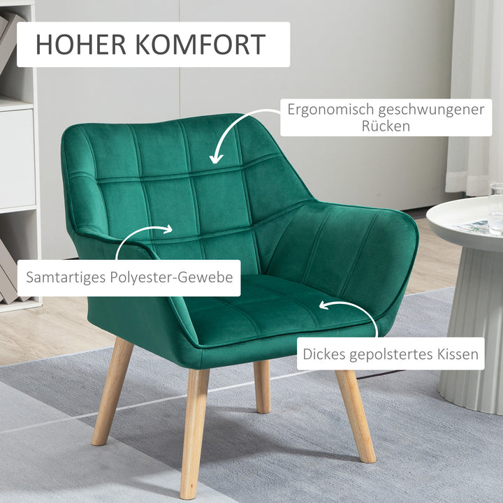 Polstret lænestol, accentstol, skandinavisk design, fløjlslook, op til 120 kg, ben af gummitræ, grøn