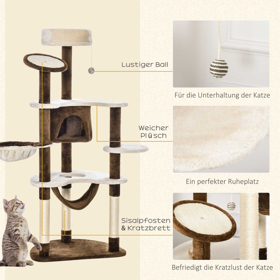 Kradsetræ med hængekøje til kattehule xxl kradsetræ klatretræ klatretræ til katte multiniveau multiaktivitetscenter plys brun 65 x 50 x 153 cm