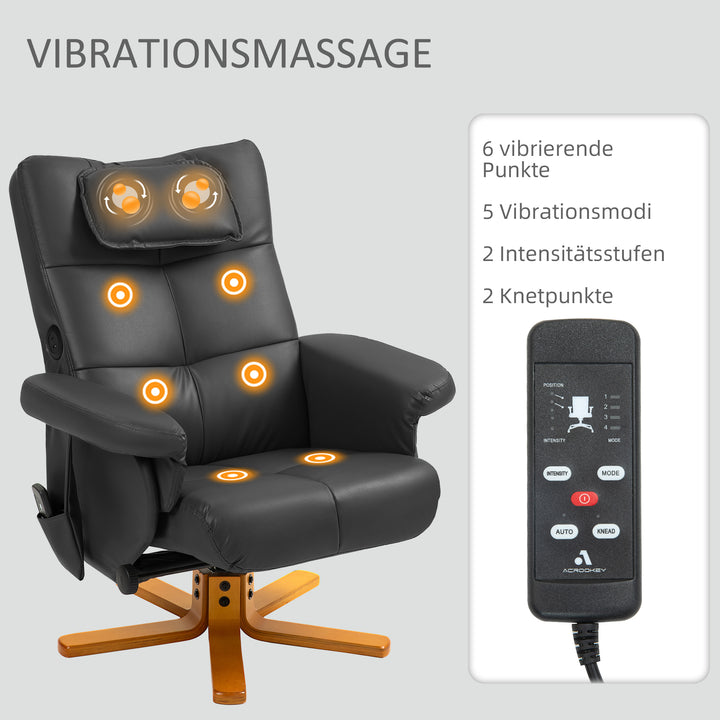 Massagestol med skammel, justerbar ryglæn, usb-opladeport, læderlook, op til 150 kg, sort