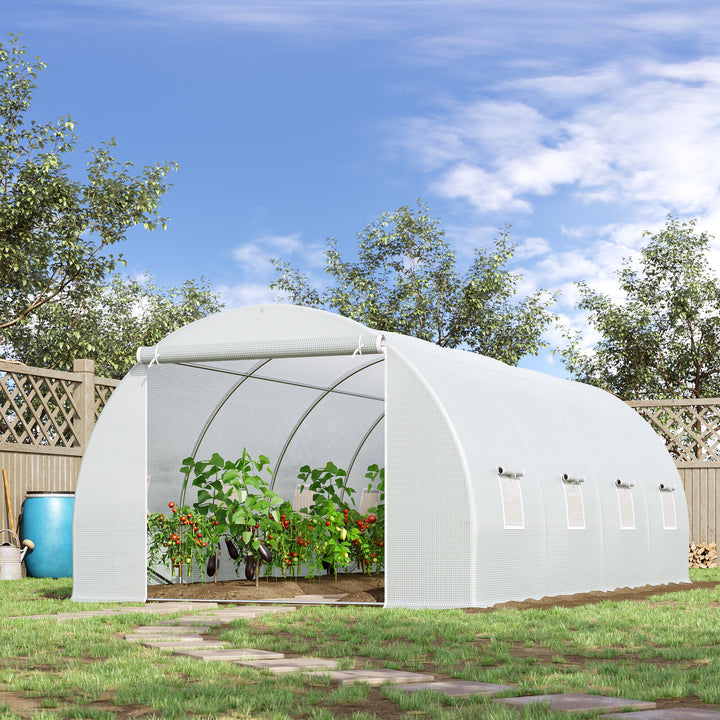 Drivhus 595x300x200cm, polytunneldrivhus, tomathus med dør, vindue, galvaniseret stålpolytunnel, plantetunnel, drivhus inklusive jordankre og reb, havetunnel, hvid