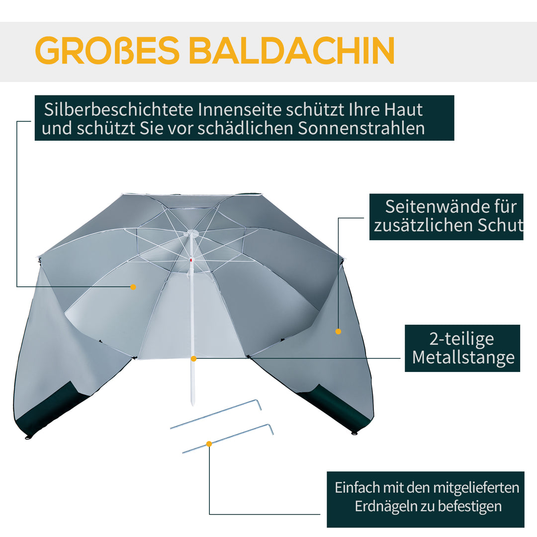 2-i-1 strandparasol Ø 210 cm UPF 50+ vindtæt strandparasol med sidepaneler bæretaske balkonparasol foldbar haveparasol solbeskyttelse til rejser, strand, balkoncamping mørkegrøn