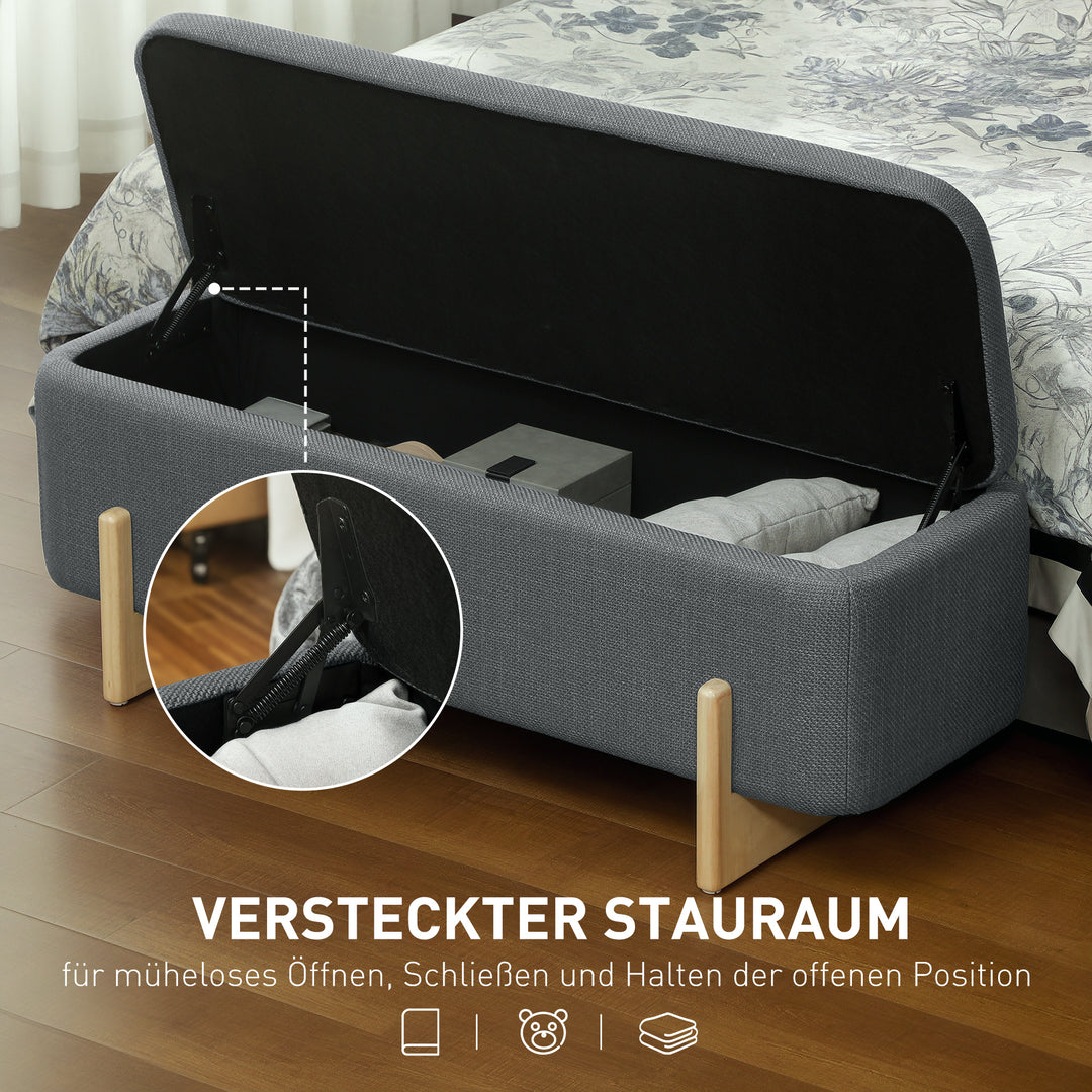 Opbevaringsskammel, skumpolstret sæde, linnedlook, 111 x 44 x 44,5 cm, mørkegrå