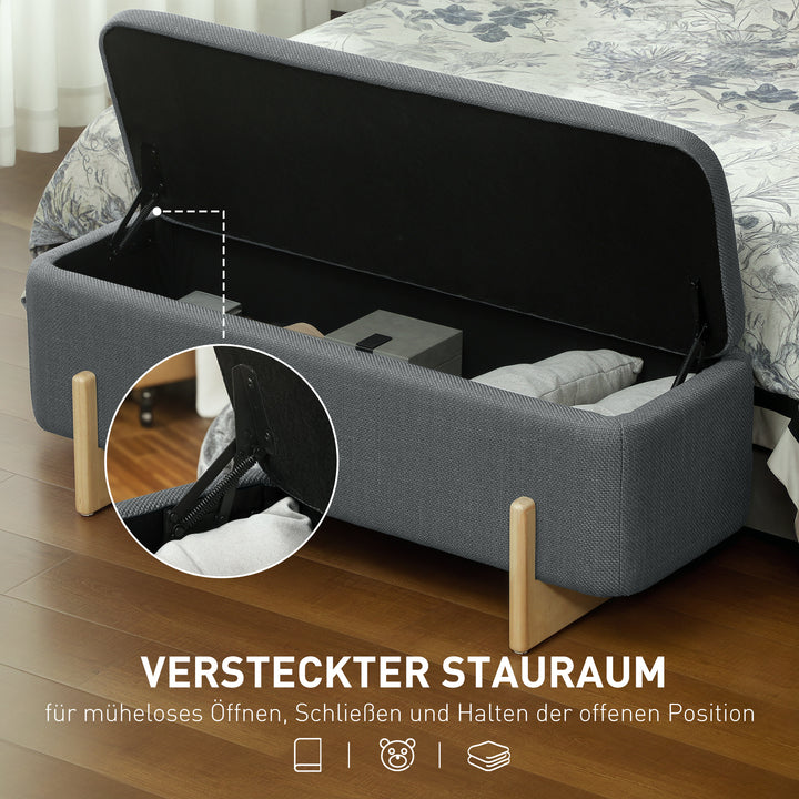 Opbevaringsskammel, skumpolstret sæde, linnedlook, 111 x 44 x 44,5 cm, mørkegrå