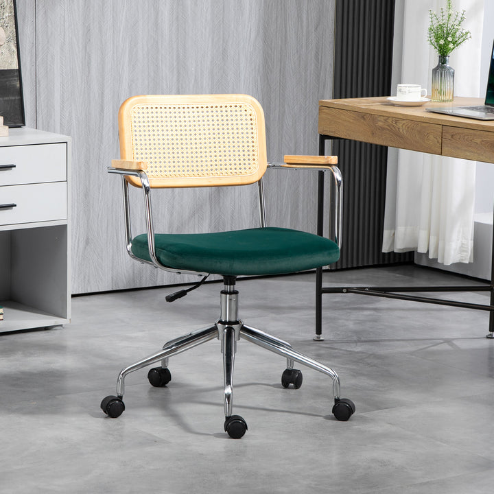 Kontorstol, boho design, armlæn i træ, drejelig, justerbar, op til 120 kg, stål, grøn