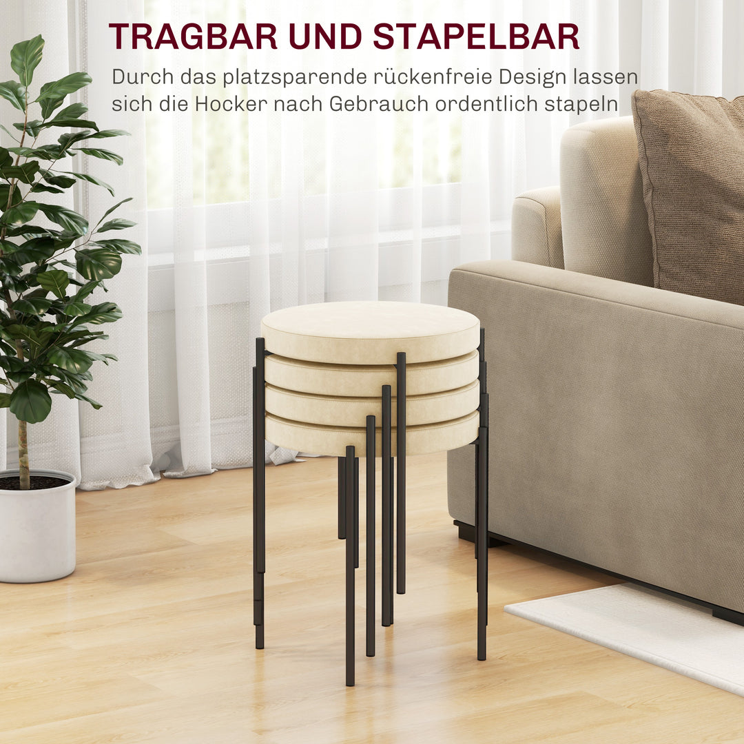 Køkkenskamler sæt med 4, stabelbar, velour look, op til 100 kg, metalstel, 41,5 x 41,5 x 46 cm, cremehvid