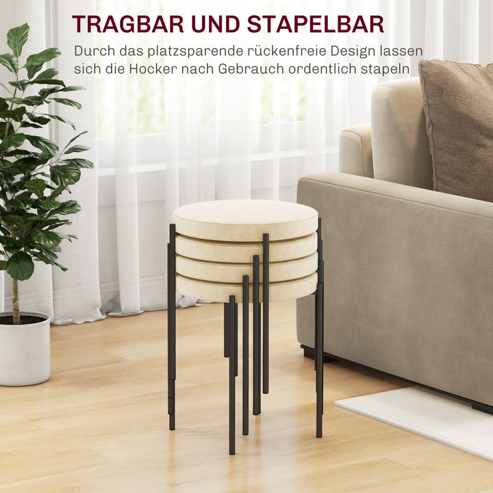 Køkkenskamler sæt med 4, stabelbar, velour look, op til 100 kg, metalstel, 41,5 x 41,5 x 46 cm, cremehvid