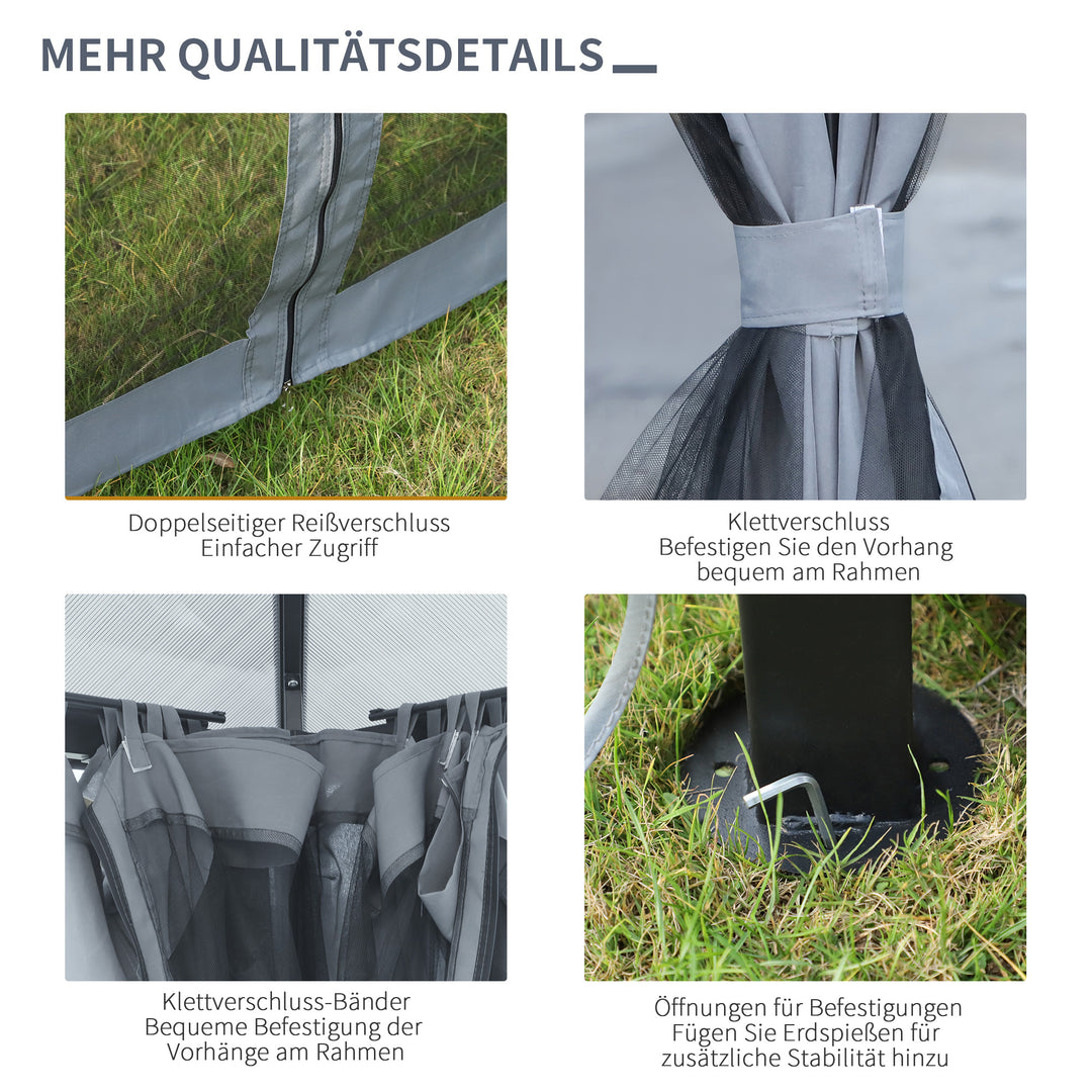 Solrigt lysthus med polycarbonattag, gardiner med fluenet, aluminiumsramme, mørkegrå, 3 x 3 m