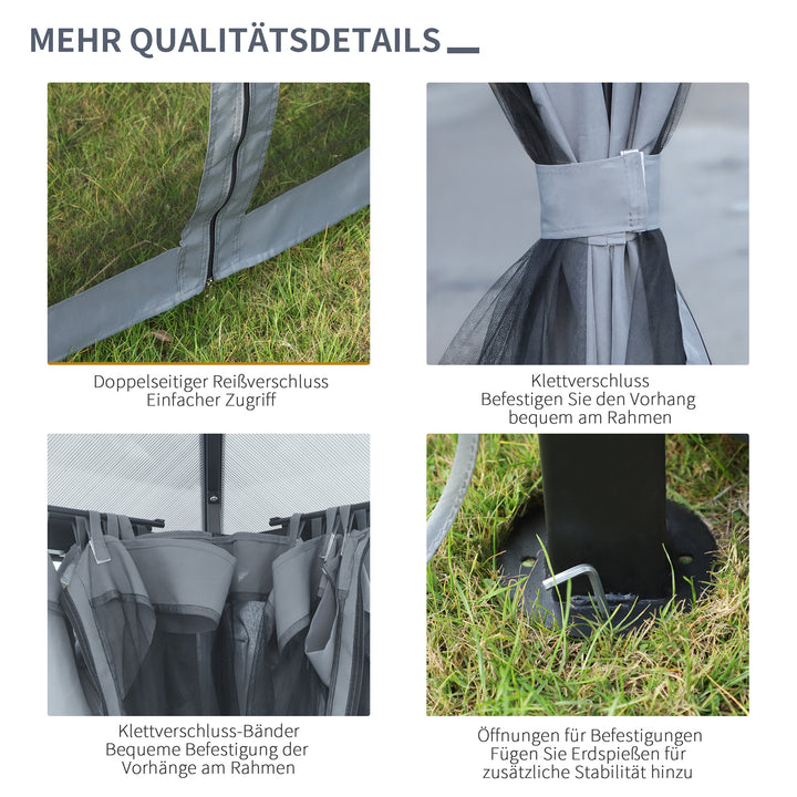 Solrigt lysthus med polycarbonattag, gardiner med fluenet, aluminiumsramme, mørkegrå, 3 x 3 m