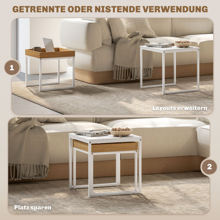 Moderne sofabord, sæt med 2 sofaborde, til små rum, firkantet, mdf, metal, hvid