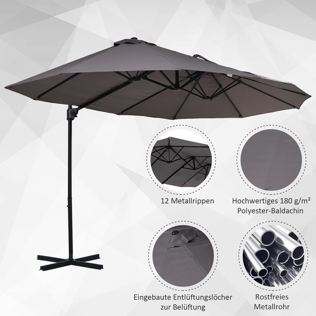 XXL parasol med krydsstativ inklusive håndsving, vejrbestandig, 270 cm x 440 cm x 250 cm, grå