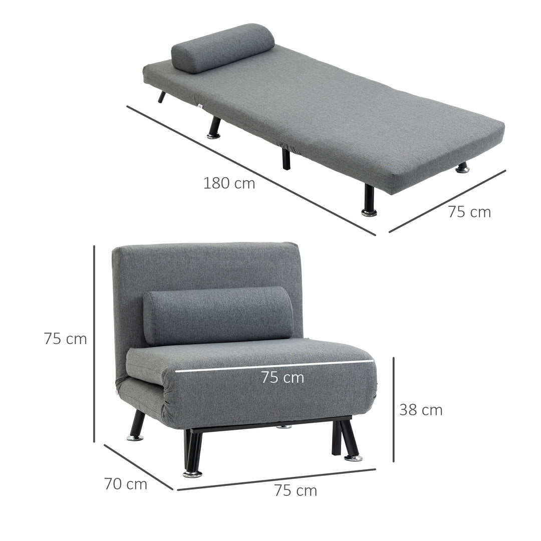 Stol med sengefunktion, foldbar afslapningsstol i linnedlook, justerbar ryglæn, 75 x 70 x 75 cm, mørkegrå