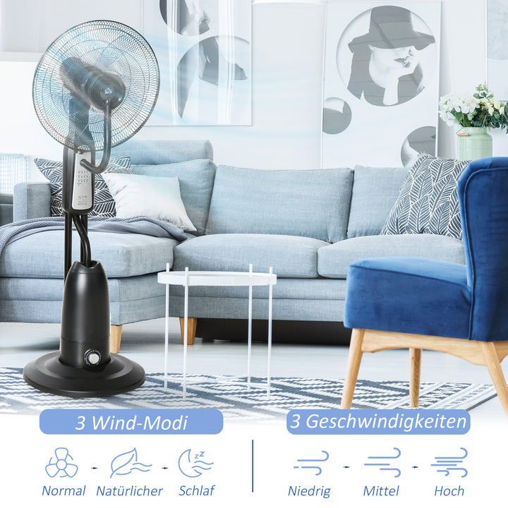 Sokkelventilator/luftfugter med 2,8L tank, 3 tilstande, fjernbetjening, bærbar, sort, Ø44,5 x 120 cm