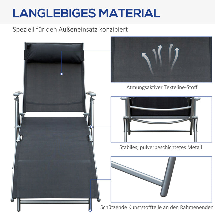 Foldbar solseng med hynde, liggestol med 7-vejs justerbar ryglæn, haveliggestol, afslapningsliggestol, havestol, lasteevne op til 165 kg, til haveferie, udendørs, sort