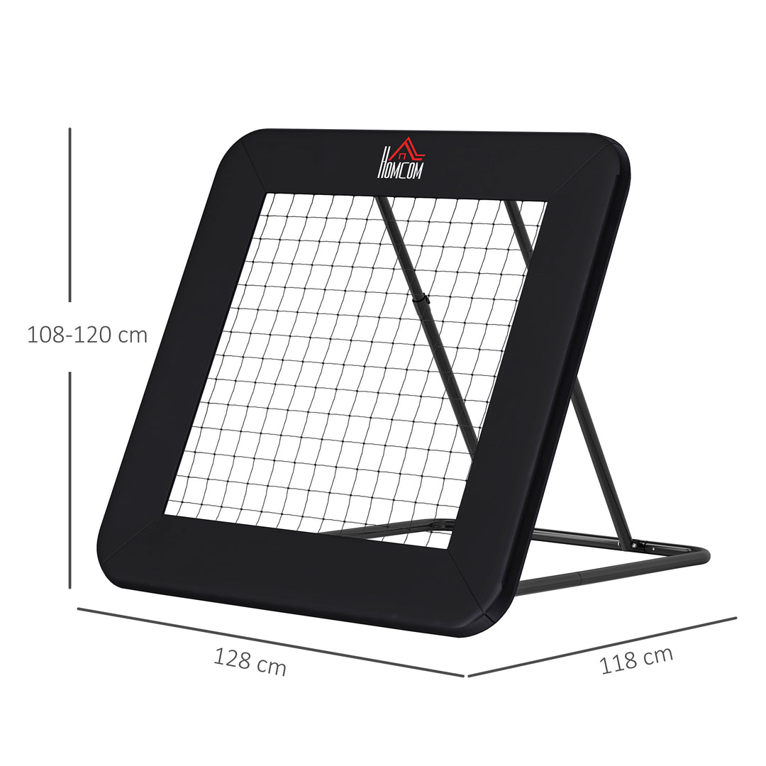 Rebounder til fodbold, 128 x 118 cm reboundvæg med beskyttende kantpinde, justerbar i 5 niveauer, bærbar rebound, fodboldmål til unge, reboundvæg til fodboldtræning, sort