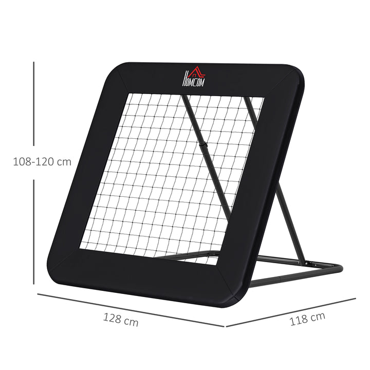 Rebounder til fodbold, 128 x 118 cm reboundvæg med beskyttende kantpinde, justerbar i 5 niveauer, bærbar rebound, fodboldmål til unge, reboundvæg til fodboldtræning, sort