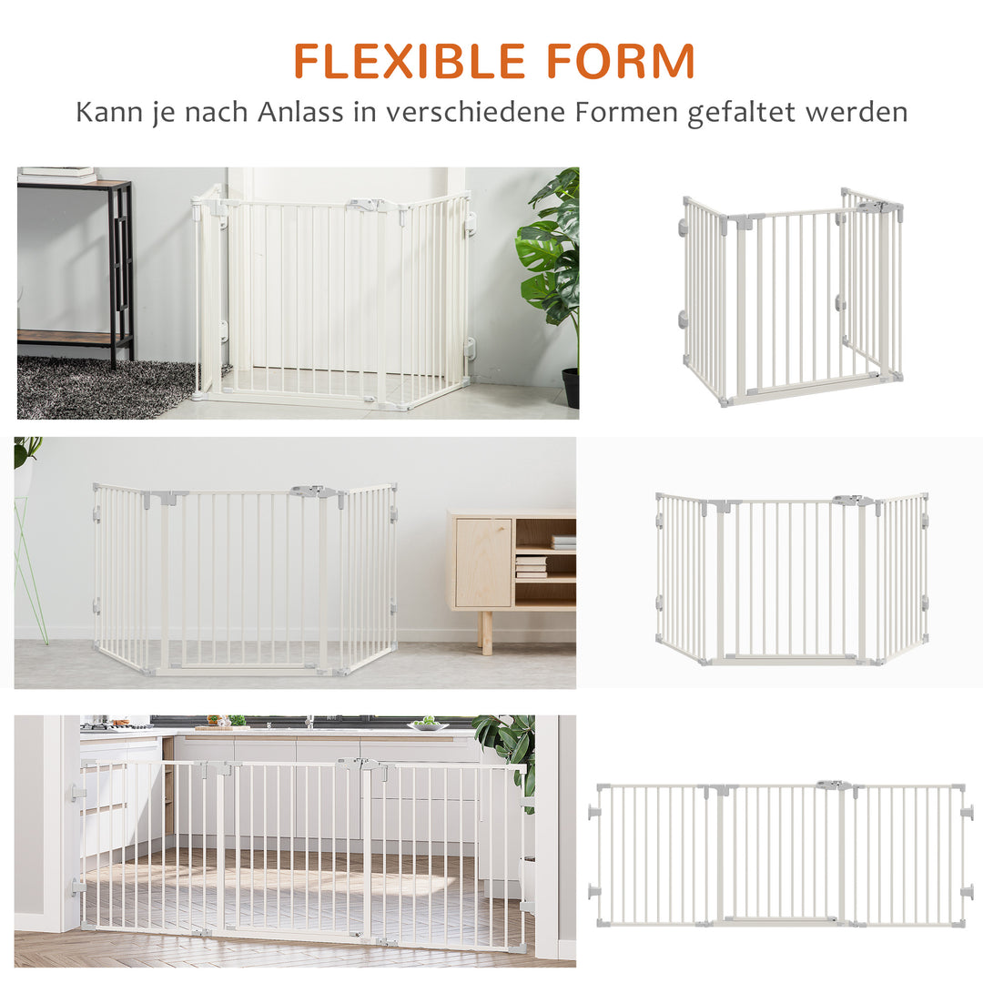 Hundebarrierer sikkerhedslåge kæledyrssikkerhedslåge justerbar foldbar pejsrist med automatisk lukning 3 paneler til komfur vægmonteret/fritstående hvid 202,5 x 76 cm