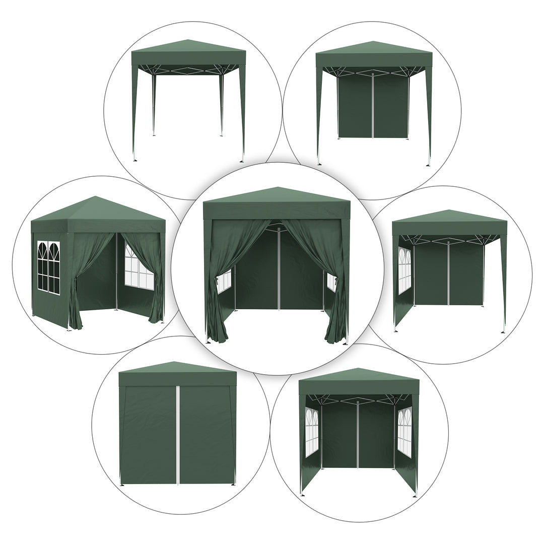 Foldbart pavillon, øltelt, 4 aftagelige sidepaneler, 2 vinduer, metalramme, 2 x 2m, mørkegrøn