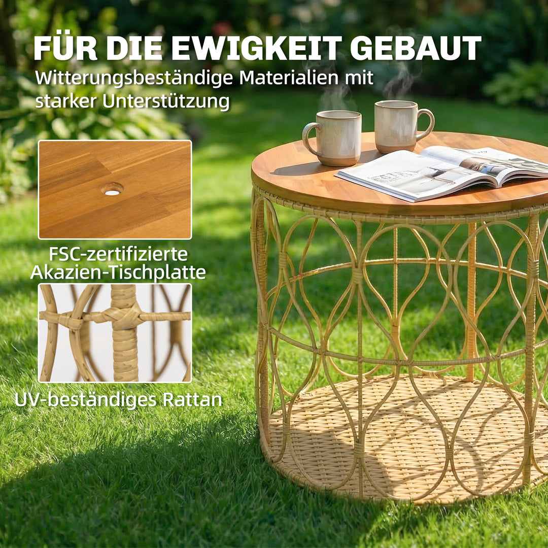 Sidebord Ø50 cm, vejrbestandigt havebord med rattan-look, bordplade i akacietræ, justerbare fødder, teak