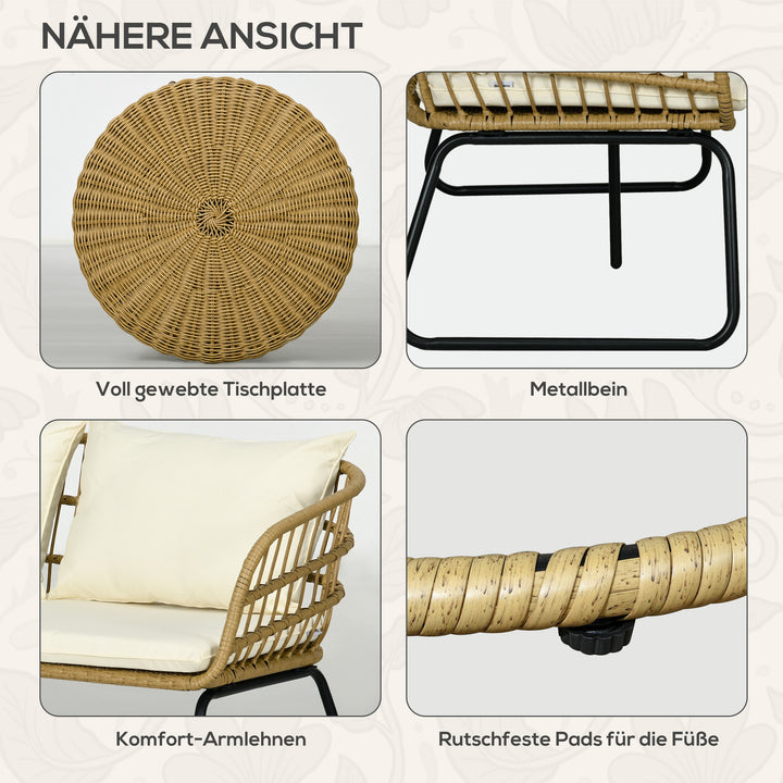 Rattan loungesæt udendørs siddegruppe, boho stil, 5-delt sæt, 145 x 70 x 78 cm, creme + natur + sort