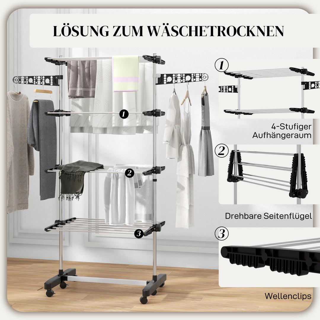 Tørrestativ med 5 niveauer, foldbar, et-klik-system, 142 cm x 55 cm x 1,72 cm, sort + sølv