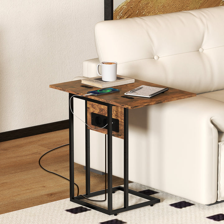 Sammenklappeligt sidebord, ladestation med USB-porte, metal, 39 x 29 x 57 cm, brun