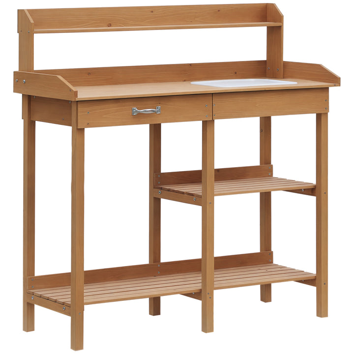 Plantebord havebord blomsterbord med balje havegran naturtræ 117 x 45 x 121 cm