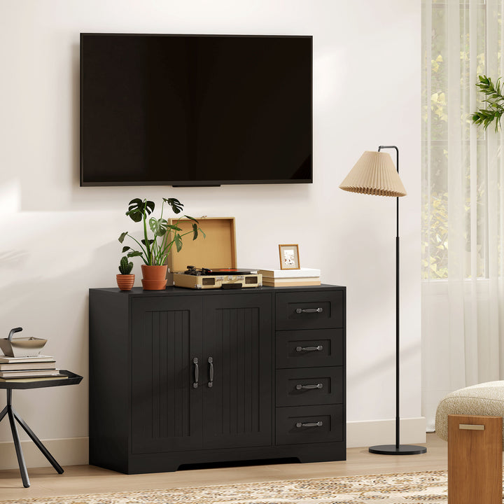 Skænk, kommode, moderne stil, 4 skuffer, 1 skab, 105 x 40 x 76 cm, sort