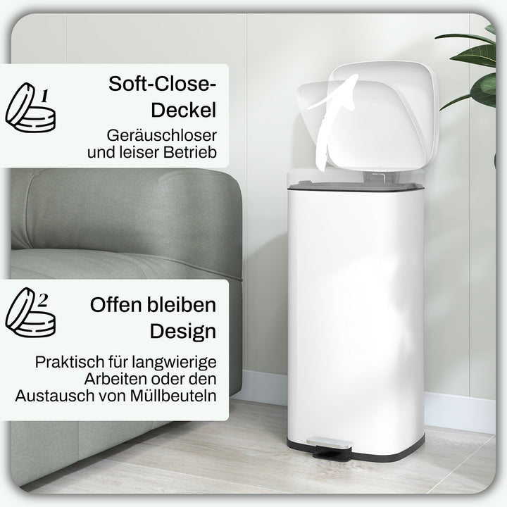 30L affaldsbeholder, soft-close låg, fingeraftrykssikker, fodpedal, metal/plast, 28x35x63,5 cm, hvid