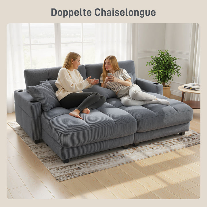 Sovesofa med hynder, skum, kan laves om til en seng, kopholder, grå