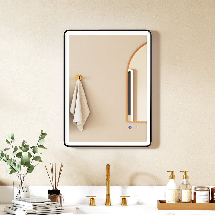 LED badeværelsesspejl, dugfrit, dæmpbart makeupspejl med belysning, 80 x 60 cm, sort ramme