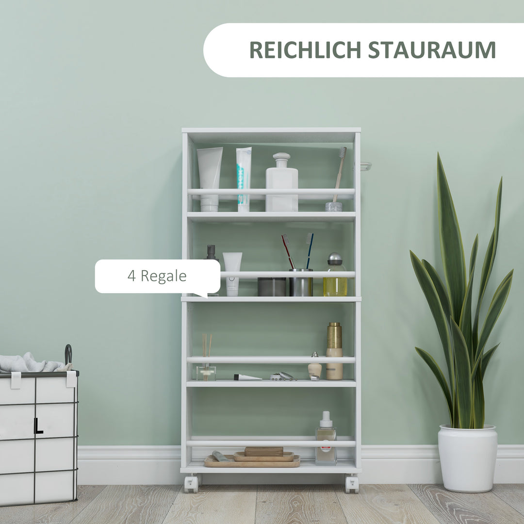 Multifunktionshylde med hjul, slankt design, 4 rum, 45 x 15 x 91 cm, hvid
