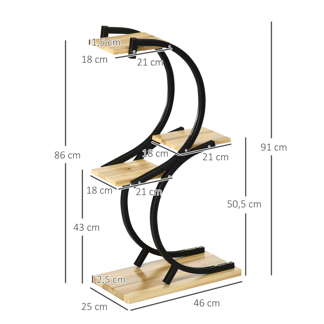 Plantestativ med 4 hylder, massivt træ, vejrbestandigt, 46 cm x 25 cm x 91 cm, sort + naturlig